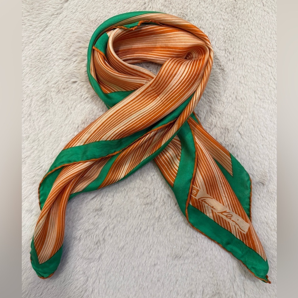 Anne Klein Silk Square Scarf Orange Green Striped Vintage - Picture 2 of 4